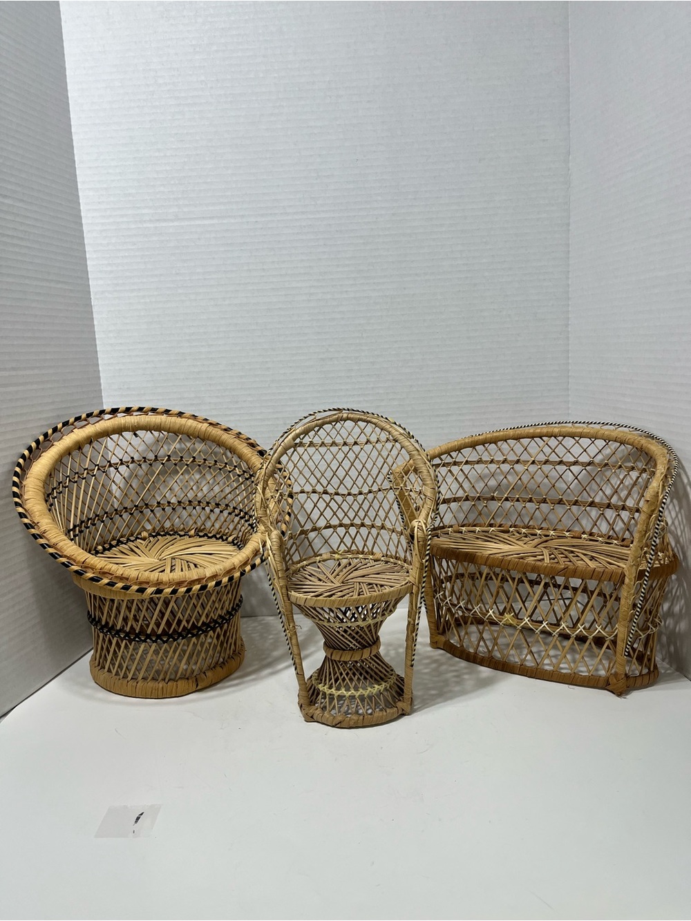 Vintage rattan wicker fan back peacock chairs and doll bench or plant stands